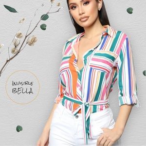 💖NWT New Fashion Nova Multicolor Striped Button Up Tunic Top L -item204-